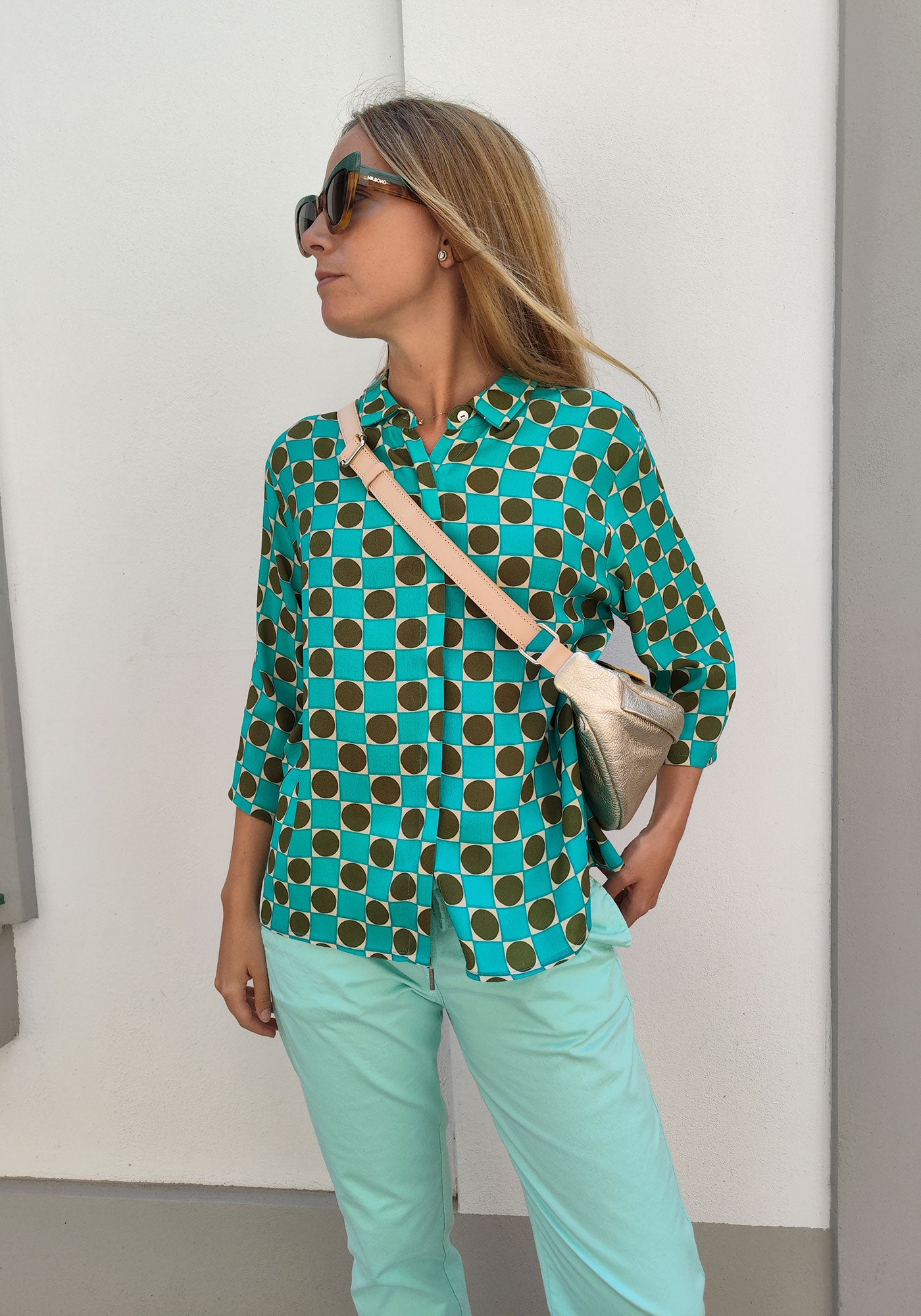 Chemise Imprimée à Pois Turquoise